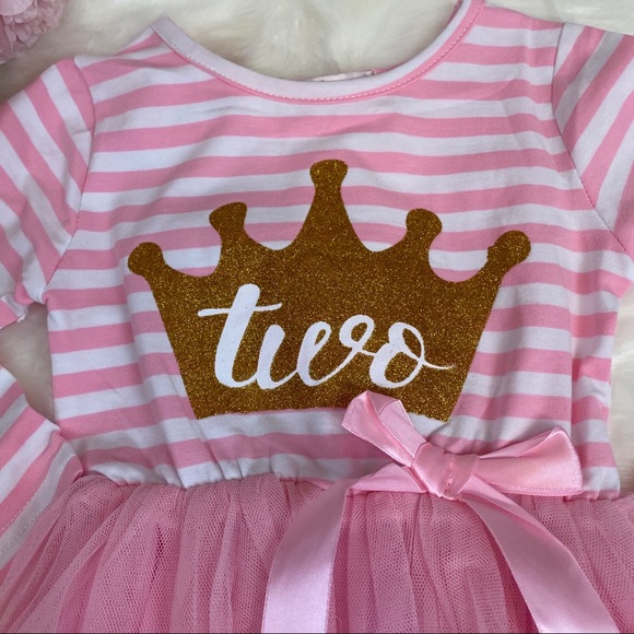 2nd Birthday Long Sleeve Pink Striped Dress with Tulle Skirt - Picture 4 of 8